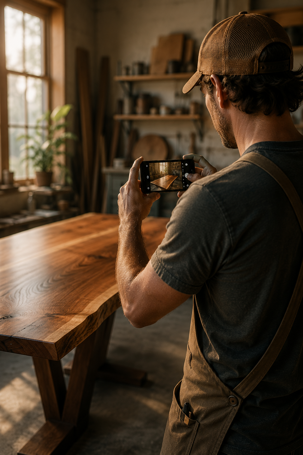 A craftsman photographing his finished wood table with his phone