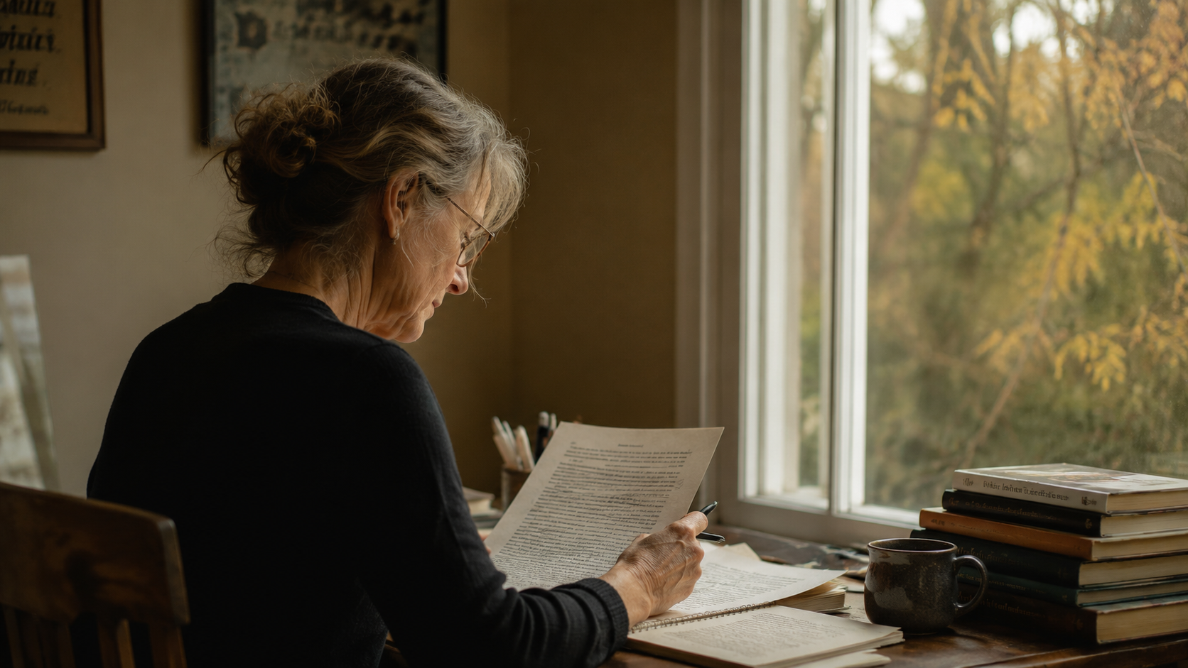 A writer at her desk beside a window, reading a marked-up manuscript page with a pen in hand