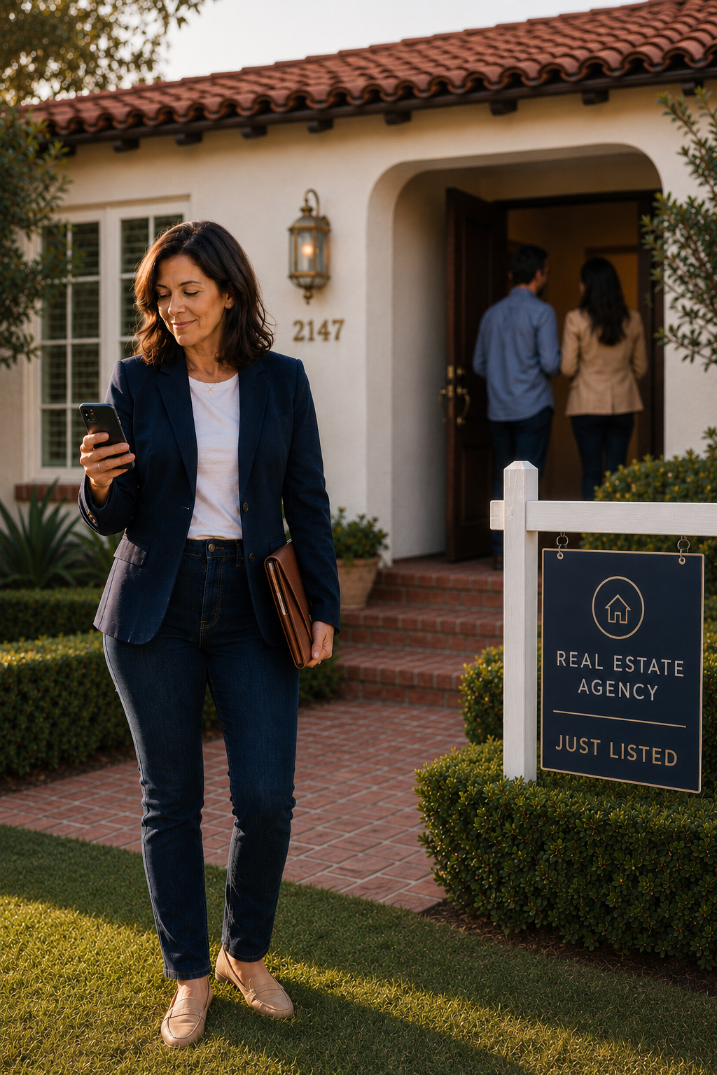 A realtor smiling at her phone in front of an open house yard sign, holding a coffee in one hand